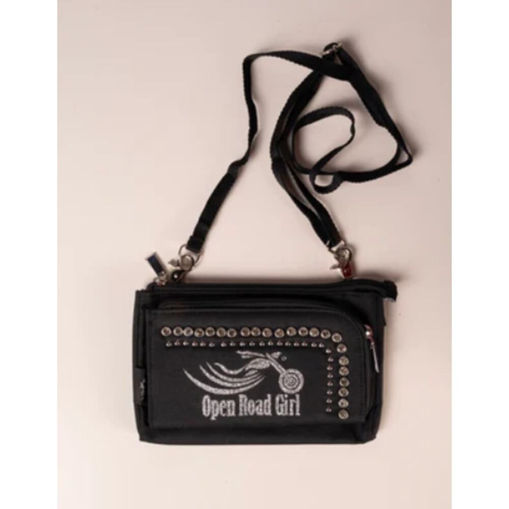 Open Road Girl Hip Crossbody Motorcycle Studded Rhinestone Glitter Canvas Purse